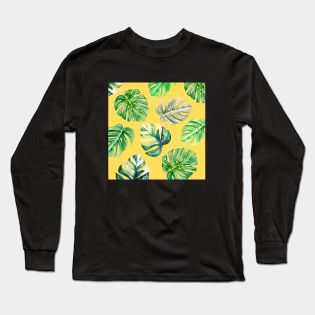 Green leaf design with yellow background Long Sleeve T-Shirt by YouChoice Creations